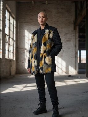 LOGO Lori Goldstein Womens Size 4 Black Yellow Faux Fur Quilted Jacket
